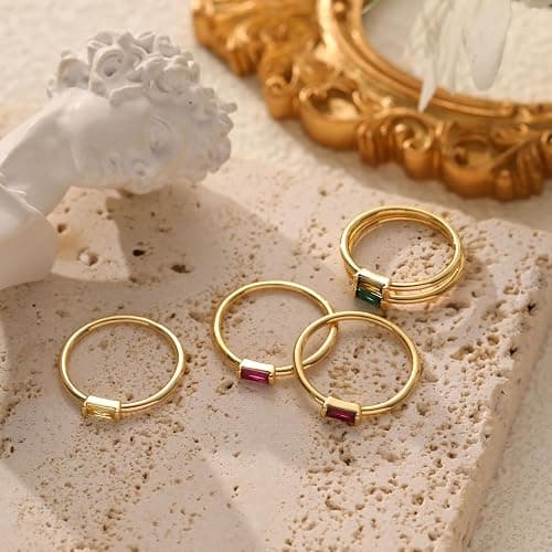 KOHOTA Dainty Gold Birthstone Rings for Women 14k Gold Plated Non Tarnish Thumb Stackable Ring Mothers Birthday Gifts Engagement Wedding Promise Rings Emerald Green Gemstone Jewelry Band Size 6-10 thumbnail 6