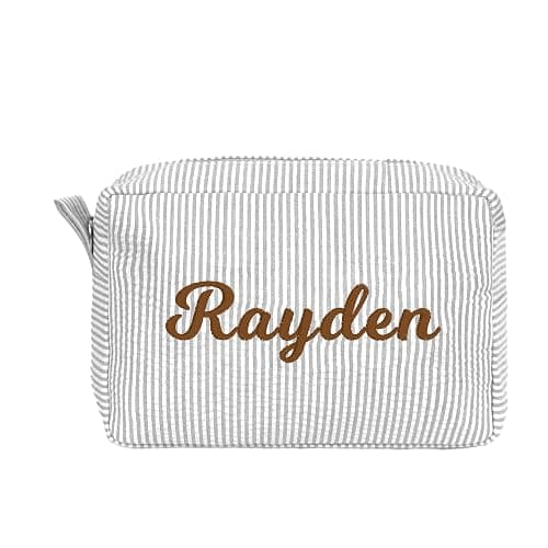 MT WORLD Personalized Makeup Bag Cute Cotton Cosmetic Bag for Women Seersucker Bridesmaid Travel Makeup Bag for Girls Aesthetic Toiletry Bag Organizer Storage Pouch (Grey) - Image 1
