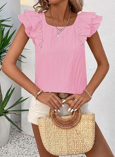 Falechay Womens Bow Tie Back Tops Round Neck Ruffle Short Sleeve Shirts Cute Babydoll Chiffon Tee Women Summer Trendy Tunic thumbnail 6