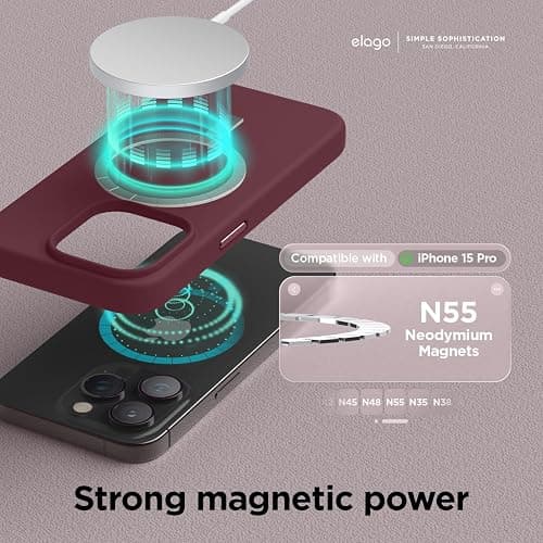 elago Magnetic Silicone Case Compatible with iPhone 15 Pro Case 6.1 Inch Compatible with All MagSafe Accessories - Built-in Magnets, Soft Grip Silicone, Shockproof (Burgundy) thumbnail 2