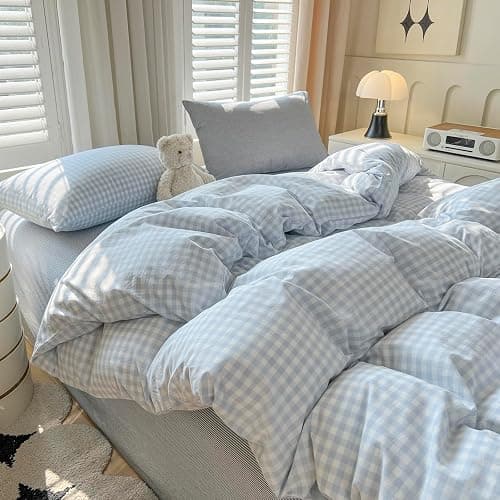 mixinni Gingham Comforter Set Twin XL Size - 3 Piece Light Blue Plaid Farmhouse Bedding, Soft Washed Cotton All-Season Comforter & Pillow Shams, Grid Pattern Classic Style for Boys Girls thumbnail 9