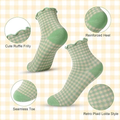 GGSTDDUP Women Ruffle Striped Frilly Socks, 6/10 Pairs Cute Checkered Ankle Sock for Women, Cotton Casual Crew Socks Size 5-9 thumbnail 2
