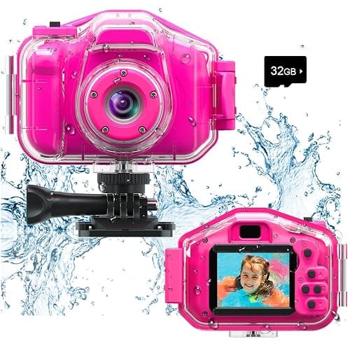 Agoigo Kids Waterproof Camera - Children Underwater HD Video Digital Camcorder, Portable Travel Toy for Toddler - Ideal Christmas Birthday Gifts for Boys Girls Age 3-12 with 32GB Card (Rose Red) - Image 1
