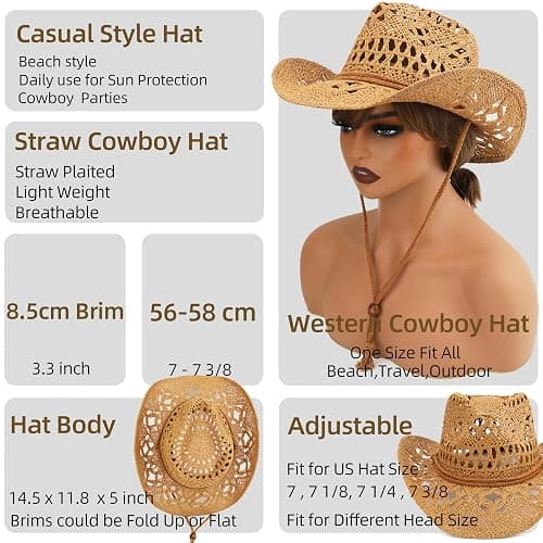 Melesh Straw Cowboy Hat for Women and Men with Shapeable Wide Brim Sun Beach Western Cowgirl Hat thumbnail 5