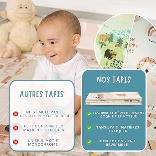 HuBorns - Tapis Bebe Pliable 180x140 cm, Tapis d'Eveil Bebe Reversible avec Bord Renforcé pour Plus Sécurité, Tapis de Jeux Bebe Epais avec Protection Anti-Chute, Tapis Exterieur Lavable (Carte M) thumbnail 7