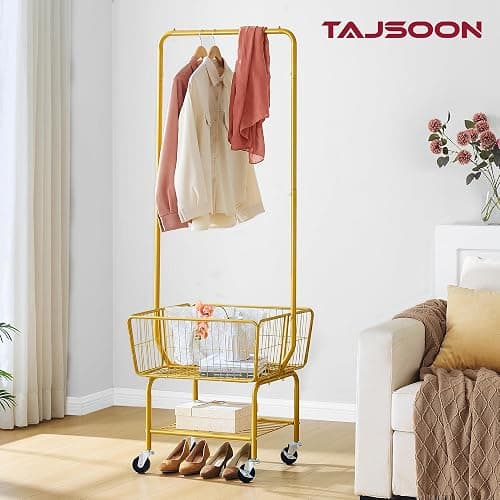 Tajsoon Rolling Laundry Cart with Hanging Rack & Laundry Basket, Gold | Metal Commercia Laundry Cart with Wheels, Laundry Hamper Sorter with Storage Basket & Shelf, Laundry Room, Bathroom, Bedroom thumbnail 8