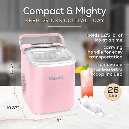 Igloo 26-Pound Automatic Self-Cleaning Portable Countertop Ice Maker Machine with Handle, Pink thumbnail 2