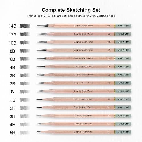 KALOUR 18-Piece Professional Sketch Pencil Set - Includes 5H to 14B Pencils, Vinyl Eraser, Kneaded Eraser,Sharpener and Paper Blending Stump - Ideal for Artists and Beginners thumbnail 3