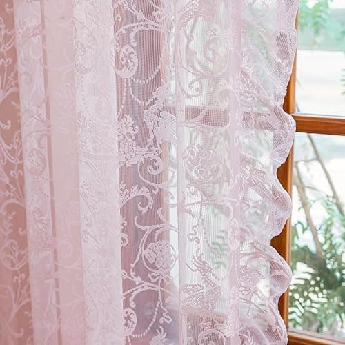 TUDECO Pink Lace Curtains 84 Inch Long, Romantic Ruffle Edges, 2 Panels | Light Pink, Coquette Princesscore Look, Vintage Floral, Bedroom Living Room Decor, Soft Light Filtering, Semi-Privacy - Image 1