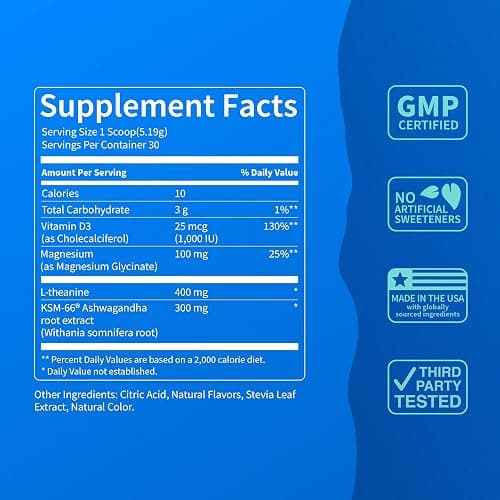 Nello Supercalm Powdered Drink Mix Tub, Cortisol Reducer* and Sleep Aid Supplement, L Theanine, Ksm-66 Ashwagandha, Magnesium Glycinate, Vitamin D 3, No Sugar, Non GMO, 30 Ct, BlackBerry Basil thumbnail 2