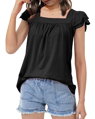 KEREDA Girls Short Sleeve Shirts Summer Tunic Tops Lace Openwork Ruffled Girls Cute Square Neck Clothes Blouse 5-14 Years thumbnail 2