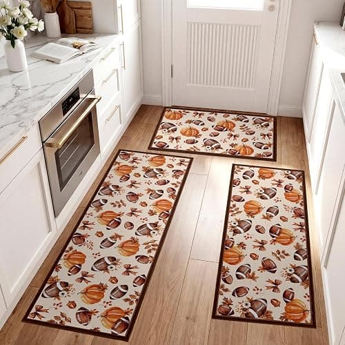 Fourluoo 3 Pcs Fall Football Pumpkin Kitchen Rugs and Mats Set | Farmhouse Door Mats for Home Bathroom Kitchen Cabin, Fall Home Decor, Non Slip Washable Kitchen Mats, 3 Size thumbnail 4