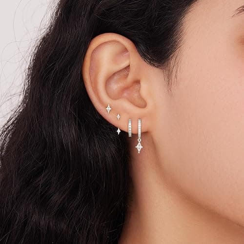 Silver Stud Hoop Earrings Set for Women, Trendy Dangle Jacket Huggie Stacks for Multiple Piercing, Hypoallergenic Cartilage Jewelry Gifts White CZ Geometrical Drop thumbnail 3