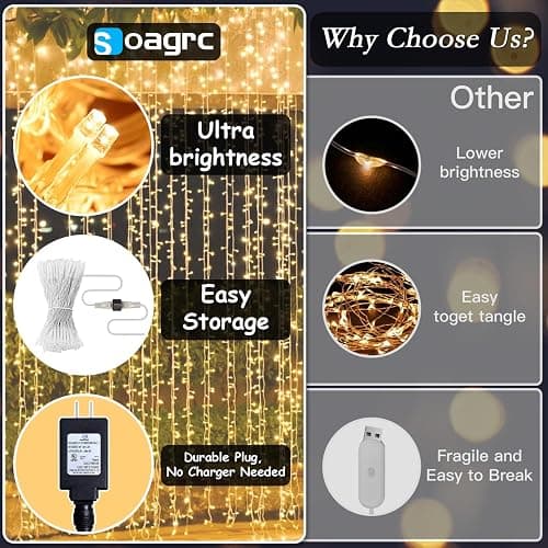 Soagrc 300 LED Warm White Curtain String Lights 9.8x9.8FT, Plug in Fairy Lights with 9 Hooks, Dimmable, Timer & 8 Modes, IP44 Waterproof, Bedroom Wall Wedding Backdrop Christmas Indoor Outdoor Decor thumbnail 2