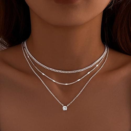 WomenGifts Layered Gold Necklaces for Women, 14K Gold Sterling Silver Plated Dainty Pendant Necklace Set Non Tarnish, Chunky Stackable Cuban Chain Choker, Trendy Birthstone Vacation Jewelry Gift thumbnail 3