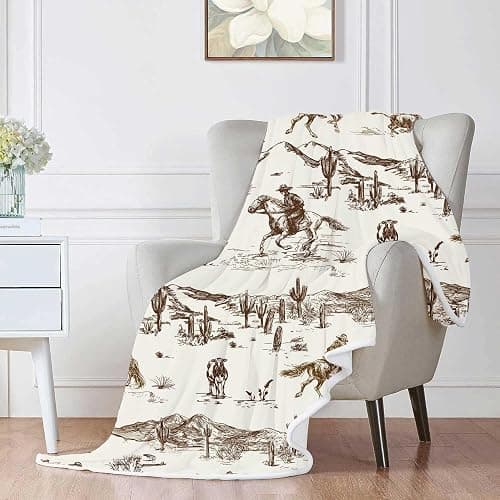 Western Cowboy Throw Blankets, Vintage Wild West Flannel Warm Soft Cozy Fluffy Bed Couch Blanket, Country American Theme White Fleece Throws to Decorate The Room and Bedroom 60X70 thumbnail 3