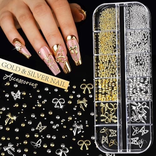Teenitor Gold and Silver Nail Charms and Gems Set, 6 Boxes Multi-Shapes Nail Gems Nail Rhinestones Nail Pearls for Nail Art Design thumbnail 5