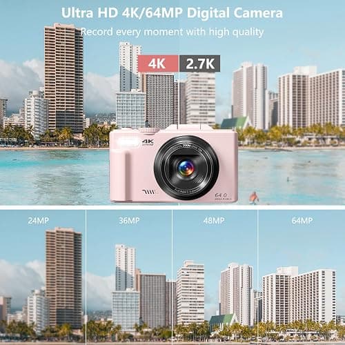 Digital Camera for Photography, 4K Vlogging Camera for YouTube 3" 180° Flip Screen 18X Digital Zoom Compact Cameras with 32GB TF Card & 2 Batteries, Pink thumbnail 2