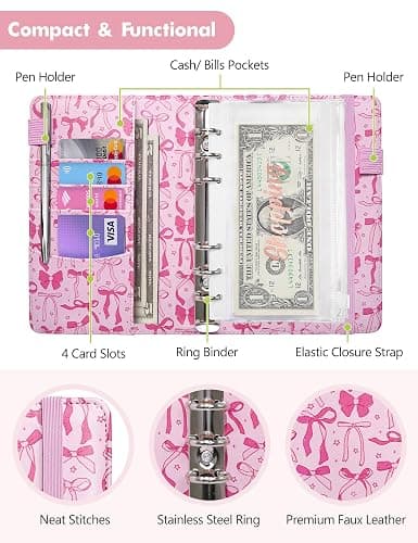 A6 Budget Binder for Money Saving, PU Leather Budget Planner with 8 Cash Envelopes, Budget Sheets & Rose Gold Category Stickers, Money Organizer for Cash (Pink Bow) thumbnail 3