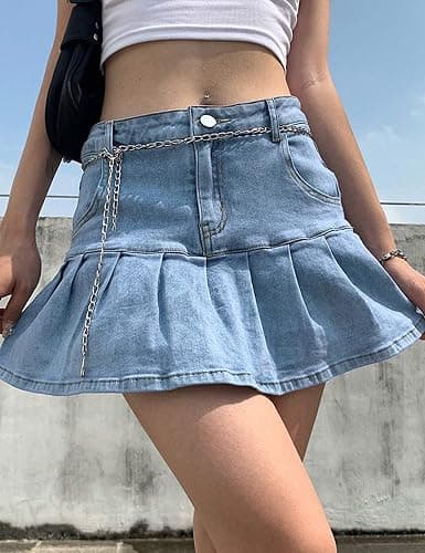 Yeokou Y2K Low Waisted Built-in Shorts Denim Skirt 2000s A-line Ruffle Pleated Mini Jean Skort for Streetwear Club thumbnail 3