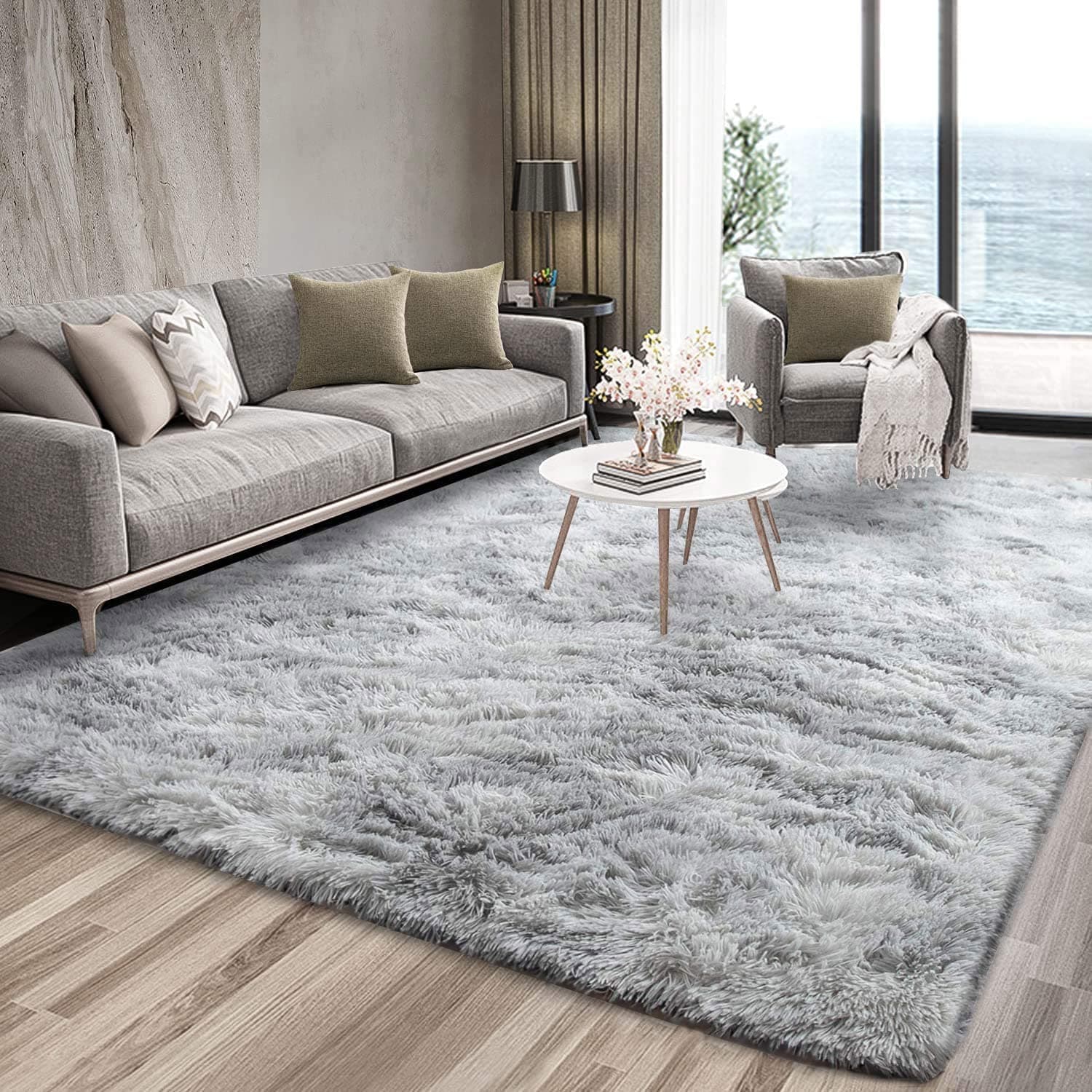 Super Soft Indoor Modern Shag Area Silky Smooth Fur Rugs Fluffy Rugs Anti-Skid Shaggy Area Rug Dining Room Home Bedroom Carpet Floor(Grey White, 120x160cm thumbnail 2