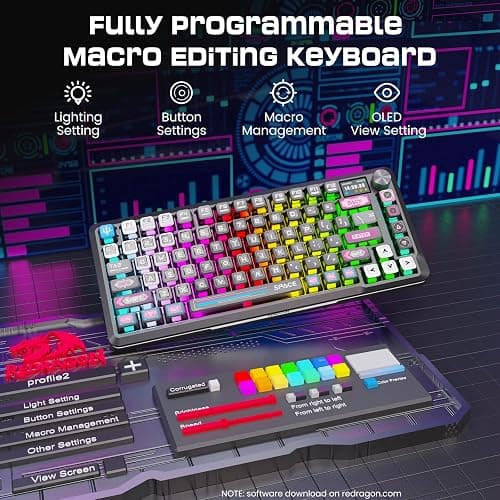 Redragon Wireless Mechanical Gaming Keyboard - Gasket-Mounted RGB Backlit, Custom Keys, 3-Mode(Bluetooth/2.4G/USB), Hot-Swap Pre-Lubed Switches, Screen & Control Knob - Cyber Mecha Style, Plasma Arc thumbnail 7