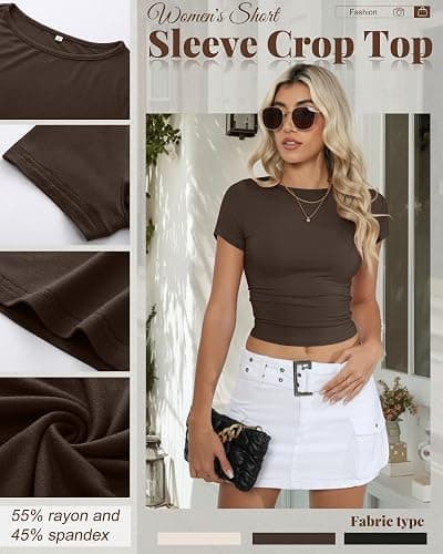 Riyiper 3 Pcs Women's Short Sleeve Crop Tops, Boat Neck Slim Fitted Cropped Shirts Workout Basic Tops thumbnail 3