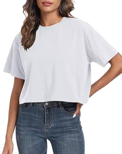 PRIMODA Women's Oversized Workout Cropped T Shirts Crew Neck Short Sleeve Casual Loose Summer Crop Tee Tops Cotton - Image 1