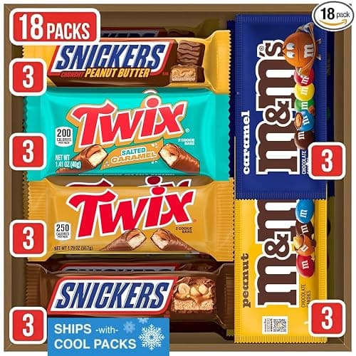 M&M'S Peanut, M&M'S Caramel, SNICKERS Original, SNICKERS Peanut Butter, TWIX Original and TWIX Salted Caramel Full Size Individually Wrapped Variety Box, 18 Ct Bulk Box - Image 1