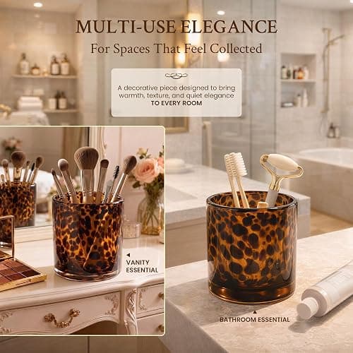 Tortoise Shell Candle Holder | Large Size 4.7" | Cheetah & Leopard Print Candle Holder | Large Amber Glass Votive for Vanity | Animal Pattern Glass Decor | Tea Light, Jar Candle & Vanity Accent thumbnail 6