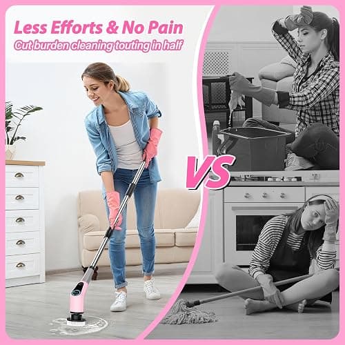 Electric Spin Scrubber, Cordless Cleaning Brush, Shower Scrubber with 8 Replaceable Brush Head, Power Cleaning Brush with Extension Handle, 2 Adjustable Speed, for Bathtub Tile Floor (Pink) thumbnail 2
