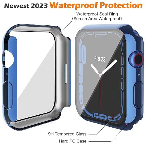 Misxi [2 Pack Waterproof Anti-Scratch Case with Button for Apple Watch Series 9 (2023) Series 8 Series 7 45mm, Hard PC Cover with Tempered Glass Screen Protector for iWatch, 1 Blue + 1 Transparent thumbnail 5