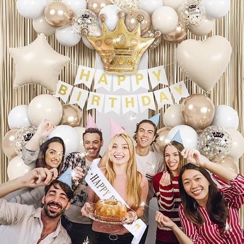 White & Gold Birthday Decor - Cream Champagne Gold Balloons, Banner, Foil Balloons, Fringe Curtain for Boho Party Supplies thumbnail 4