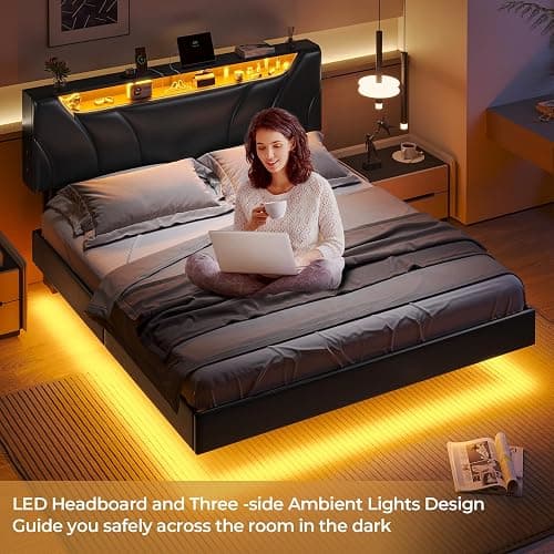 DICTAC Full Size Floating Bed Frame with led Lights & Storage Headboard Full Led Visual Floating Bed with Outlets Faux Leather Upholstered Platform Bed with Hidden Storage,No Box Spring Needed,Black thumbnail 8