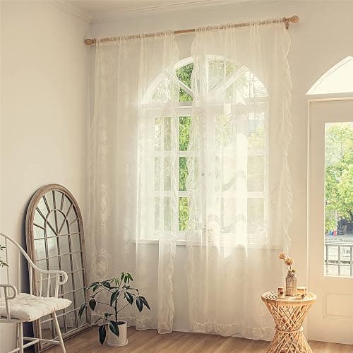 Deeprove Ivory Lace Curtains 84 Inches Long 2 Panels Set, French Cream Sheer Florals Scallop Ruffle Edge, Shabby Chic Vintage Window Treatment Pair Decor Drapes for Bedroom, Living Room, W57 x L84 thumbnail 7