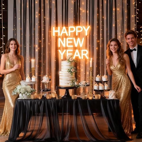 10×10ft Black Tulle Backdrop Curtain with Lights String for Parites, Sheer Photo Backdrop Curtains for Wedding Party Photography Background thumbnail 3