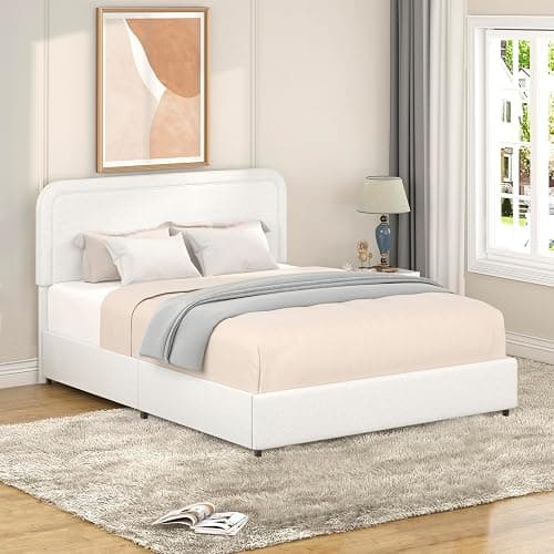 Queen Size Boucle Upholstered Platform Bed Frame, with 4 Drawers Storage, Curved Stitched Tufted Headboard, Wooden Slat Mattress Support, Noise Free, Easy Assembly, No Box Spring Needed, Ivory thumbnail 7