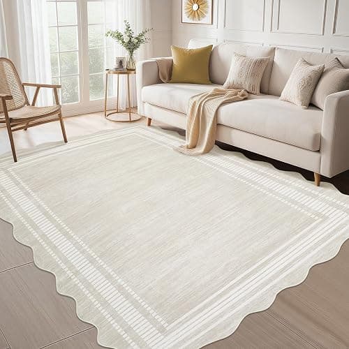 GarveeHome Scalloped Christmas Rugs 8x10 Washable Area Rugs for Living Room, Modern Bordered Solid Rug for Bedroom, Scalloped Non-Slip Stain Resistant Carpet for Dining Room Farmhouse Dorm, Cream thumbnail 7
