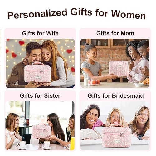 GISMTR 3Pcs Makeup Bag Cotton Quilted Travel Cosmetic Bag Cute Floral Makeup Pouch Large Toiletry Bag for Women Girls (Flowers-Pink3) thumbnail 4