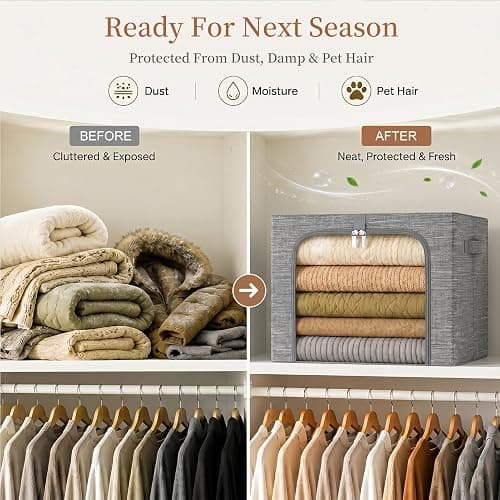 GoMaihe Clothes Storage Bins with Metal Frame for Closet, 40L 6-Pack Grey | Sweaters Hoodies Jeans T-Shirt, Closet Top Shelf Organizer, Steel Frame Collapse-Proof, Stackable, Clear Window, Dual Access thumbnail 6