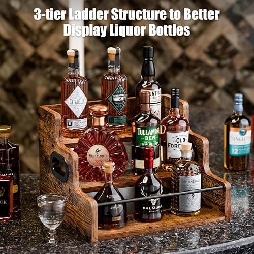 KLM Liquor Bottle Display Shelf, Coffee Syrup Rack Organizer, 3 Step Countertop Liquor Wine Rack, mini bar,liquor cabinet, Home Retro Bar Shelf Stand for Liquor Whiskey, Spirits thumbnail 5
