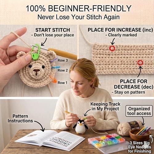 Xenhrun Crochet Stitch Markers Kit: 310pcs Large Locking Crochet Counter Clips & Marker Rings for Crocheting Knitting with Compartment Storage Box - Reusable for 1000+ 0 Snagging 1s Open & Close thumbnail 4