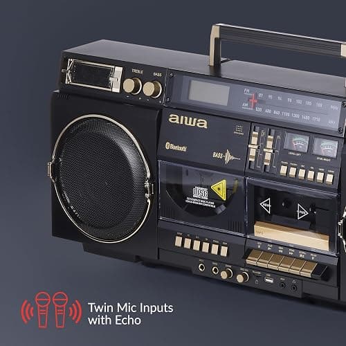 aiwa Retro Boombox BackTrack CD Player with Cassette Recording, Bluetooth 5.0, FM/AM Radio, USB/SD/AUX Inputs, VU Meters, LCD Display, Dual 40W Speakers (Black and Gold) thumbnail 6