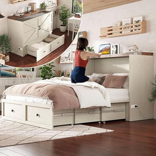 AMERLIFE Queen Murphy Bed with Storage & Charging Station, Farmhouse Murphy Cabinet with Foldable Panel, Noisy Free, for Guest Bedroom, Living Room, Office, Distressed White thumbnail 4
