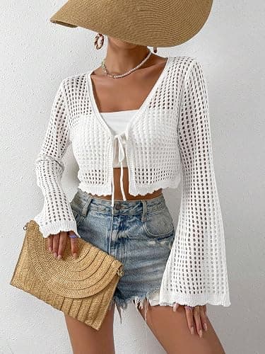 SHENHE Women's Tie Front Tops Bell Long Sleeve Knit Crochet Cardigan Crop Top thumbnail 3