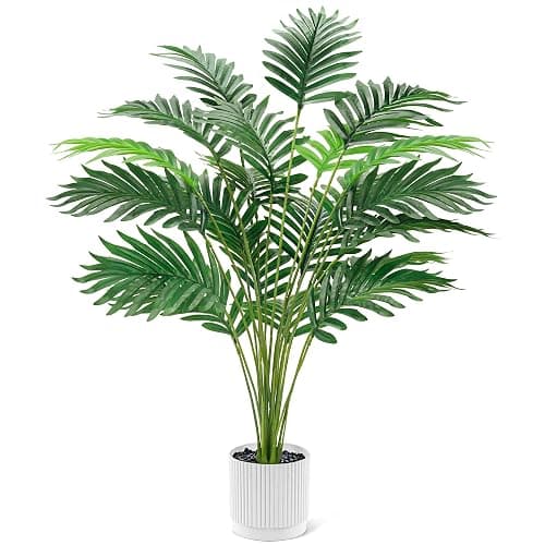 Der Rose 28" Fake Palm Tree in White Pot Fake Plants Porch Outdoor Decor | Easy-care artificial plants with adjustable fronds add layered tropical greenery to home, bathroom, porch, patio decor indoor - Image 1