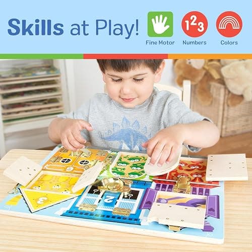 Melissa & Doug Wooden Latches BoardSensory Activity Toy for Kids, Doors and Locks Toy, Wooden Busy Board, Toddler Toys for Ages 3+ thumbnail 5