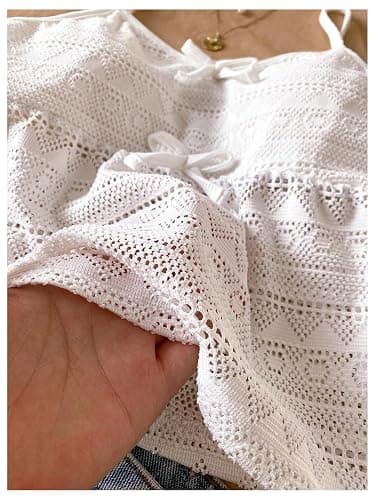 RoseSeek Girl's Boho Bowknot Hollow Out Camisole Tops Spaghetti Strap V Neck Babydoll Crop Top thumbnail 5