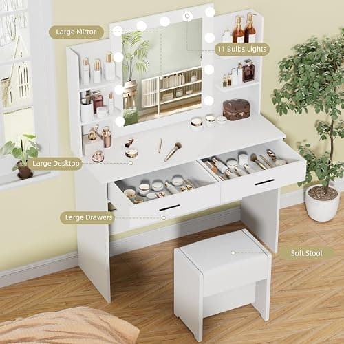 NBYSGO Vanity Desk with Lighted Mirror, Dressing Table Set with 2 Drawers, Power Strip and Stool, 3 Lighting Color Adjustable, Makeup Table for Bedroom - White 010 thumbnail 6
