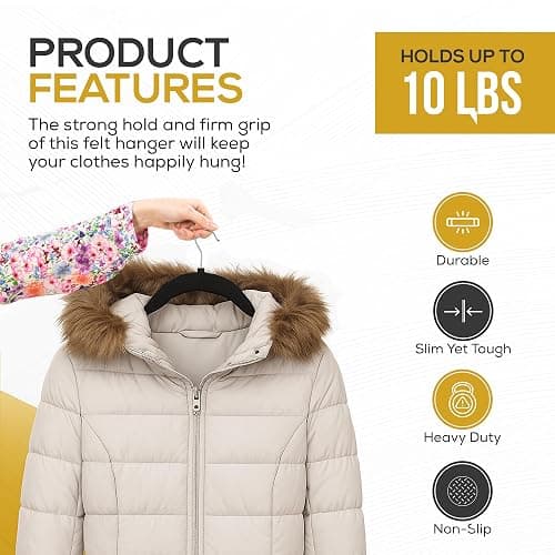 Techzoo 50 Pack New Premium Quality Velvet Hangers Ultra Thin Non Slip Adult Felt Space Saving Hangers for Closet Heavy Duty Coat Pants Jackets Dress Hangers 360° Swivel Hook Hold Upto 10 lbs Black thumbnail 3